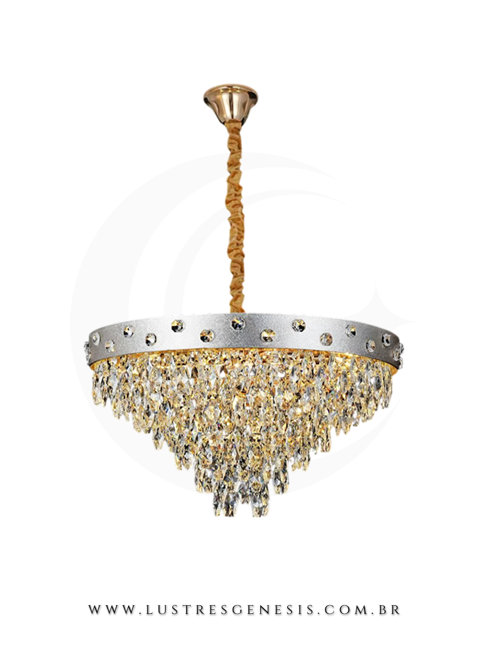 Lustre pendente de cristal dourado e prata redondo Ø60cm modelo Bolty, ideal para mesa de jantar, com detalhes refinados e acabamento luxuoso.